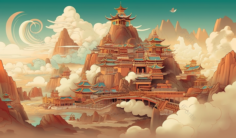 中国风环山而建的古典古风楼阁房屋建筑风景画横版插画背景,插画/手绘图,插画/手绘图库,插画/手绘图下载,插画/手绘